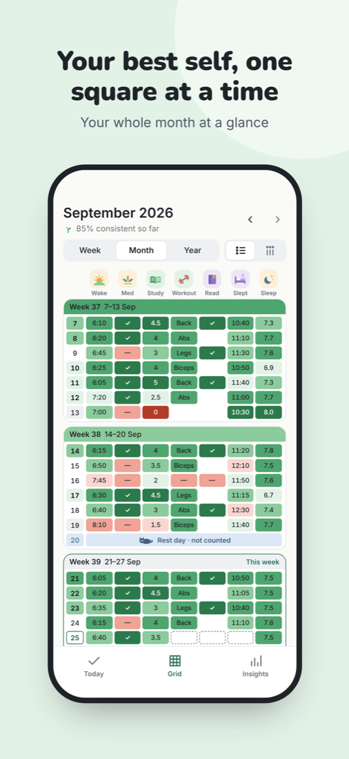A month grid: wake-up times, sleep hours and workout tags in shades of green, a few off days in coral