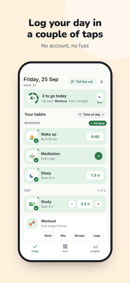 The Today screen: wake-up time, sleep and meditation logged, a study stepper and workout chips
